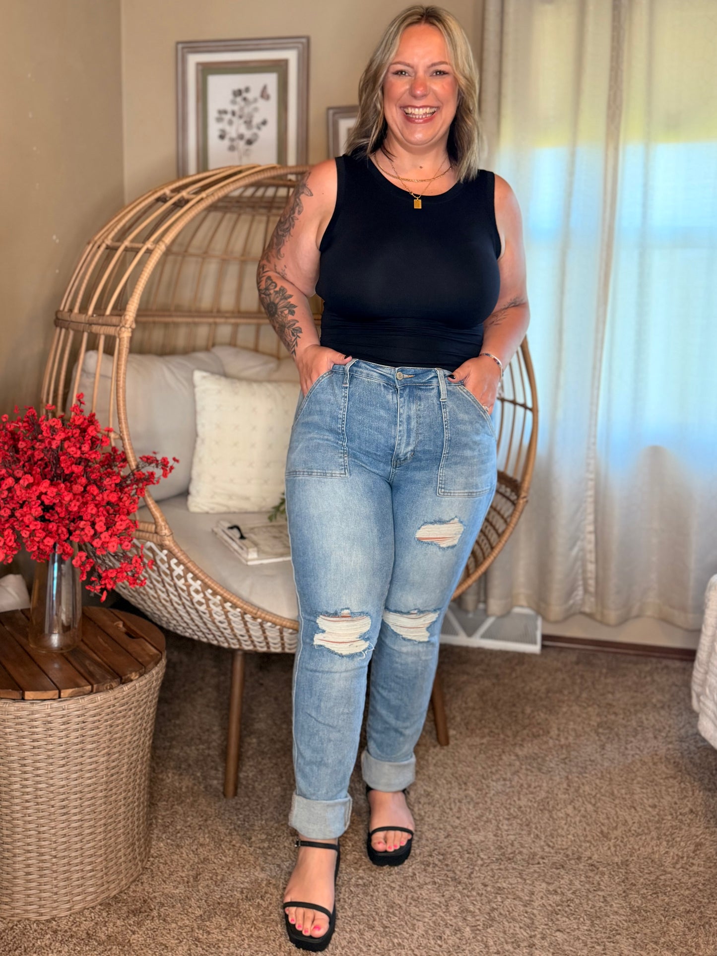 Aiden High Rise Patch Pocket Distressed Boyfriend Jeans