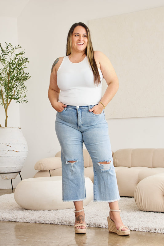 Tummy Control High Waist Raw Hem Jeans In Light Potassium