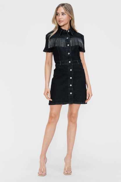 Chic Fringe Denim Button-Up Dress