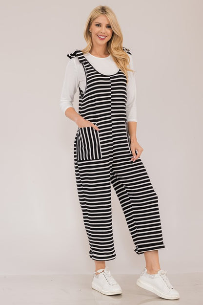 Striped Scoop Neck Pocket Overalls