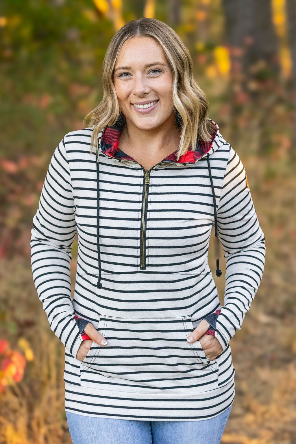 Michelle Mae HalfZip Hoodie - Oatmeal Stripes and Buffalo Plaid