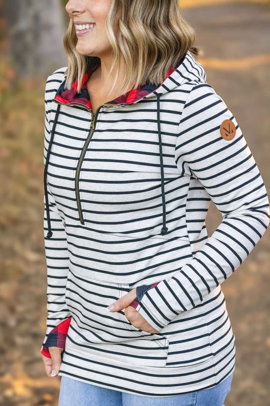 Michelle Mae HalfZip Hoodie - Oatmeal Stripes and Buffalo Plaid