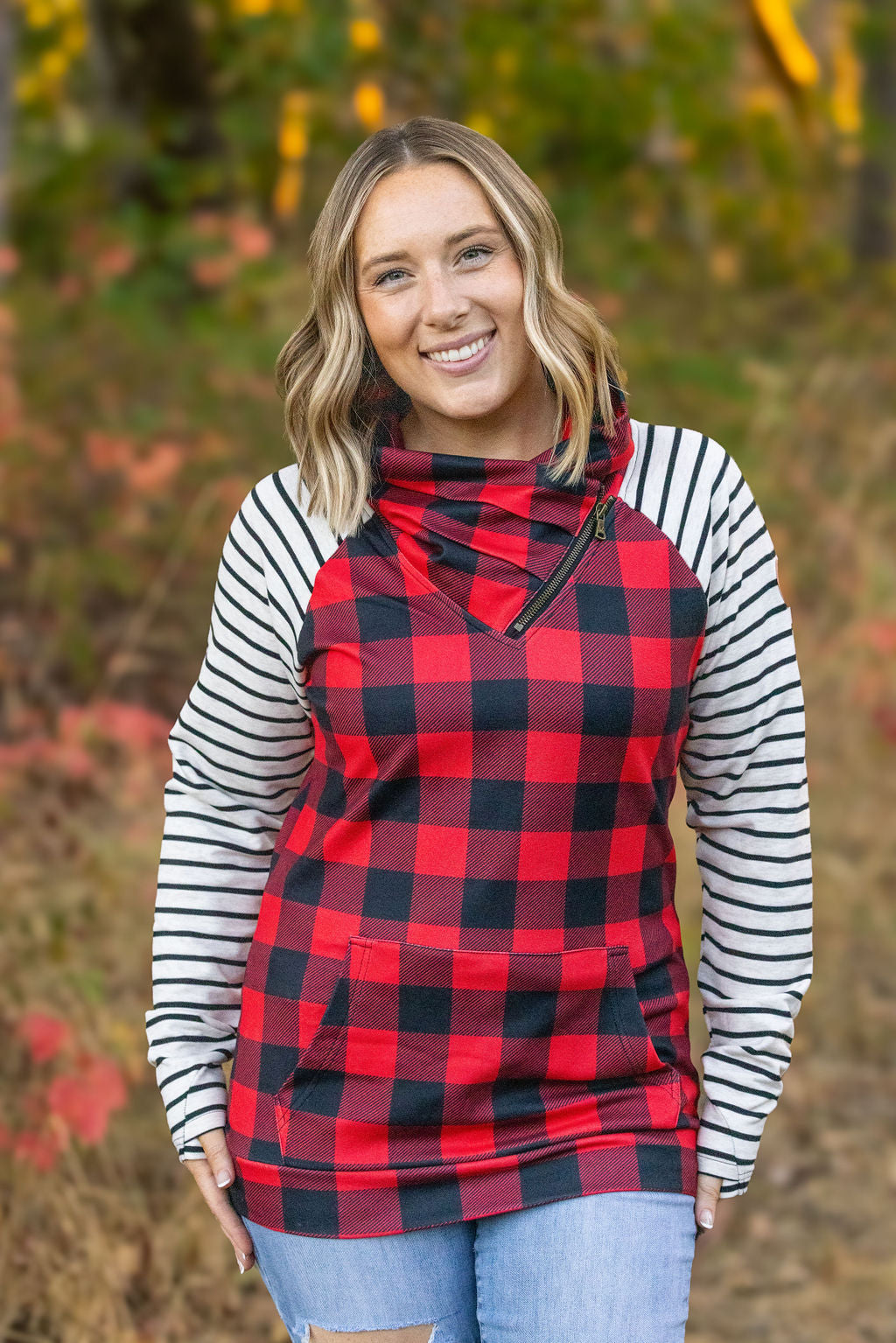 Michelle Mae Zoey ZipCowl - Buffalo Plaid and Oatmeal Stripes