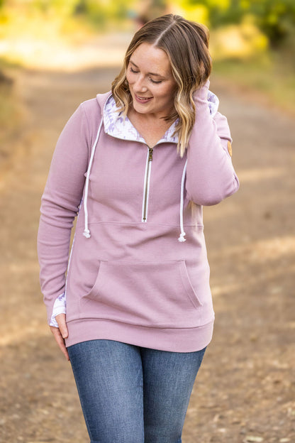 Michelle Mae HalfZip Hoodie - Mauve and White Geometric