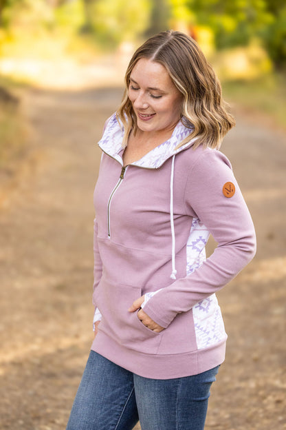 Michelle Mae HalfZip Hoodie - Mauve and White Geometric