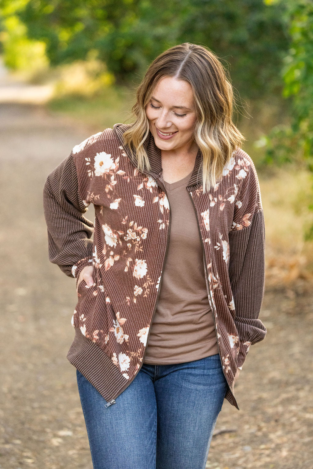 Michelle Mae Ramona Ribbed Floral Zip Up - Brown