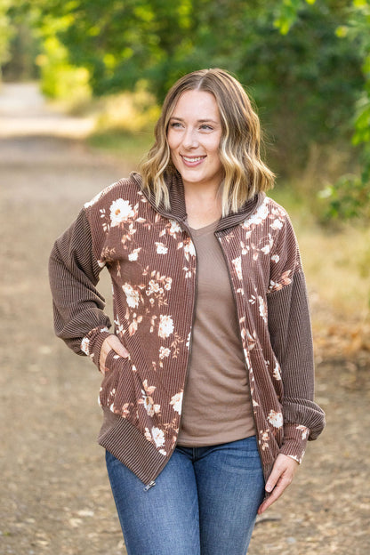 Michelle Mae Ramona Ribbed Floral Zip Up - Brown