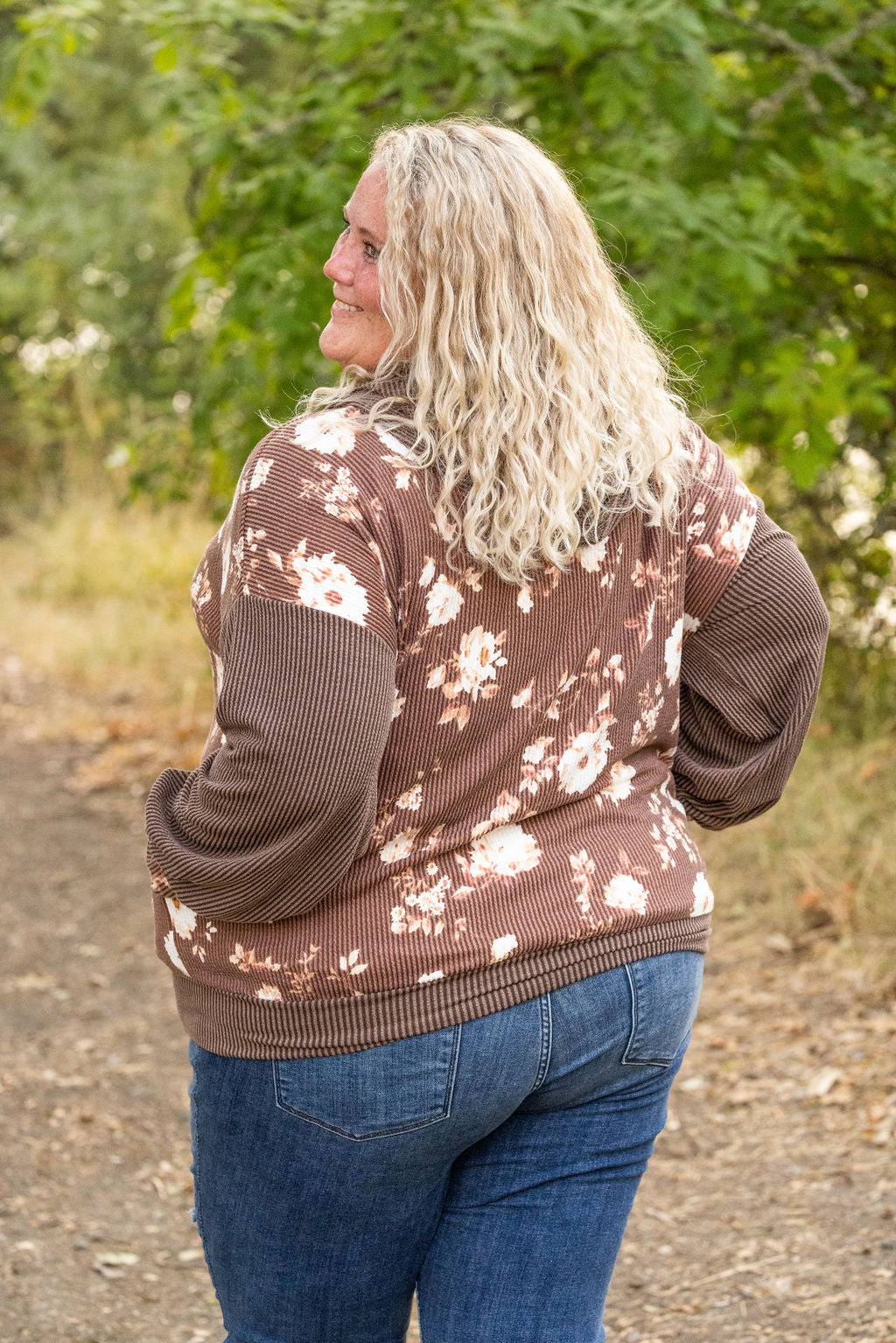 Michelle Mae Ramona Ribbed Floral Zip Up - Brown