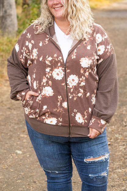 Michelle Mae Ramona Ribbed Floral Zip Up - Brown