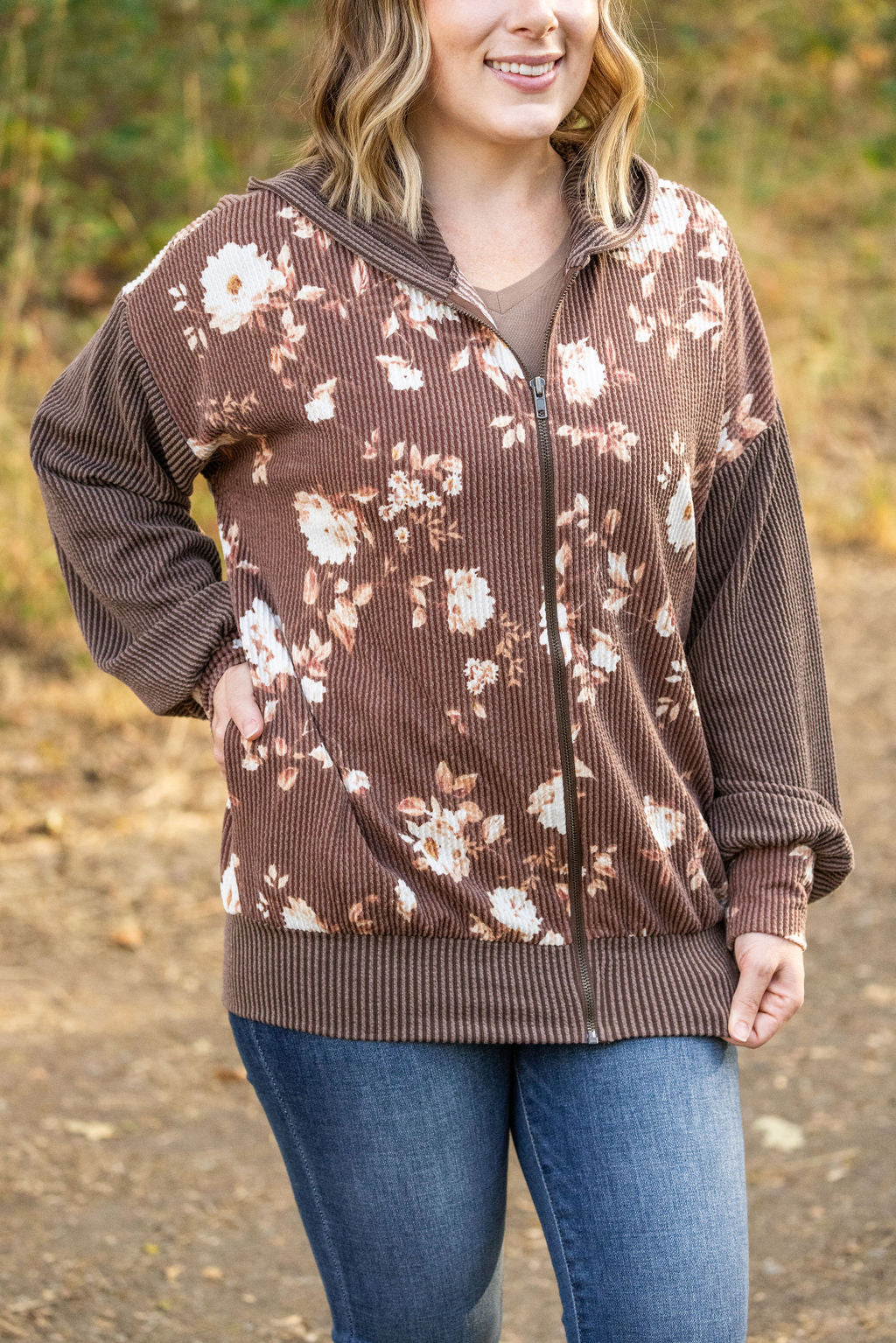 Michelle Mae Ramona Ribbed Floral Zip Up - Brown