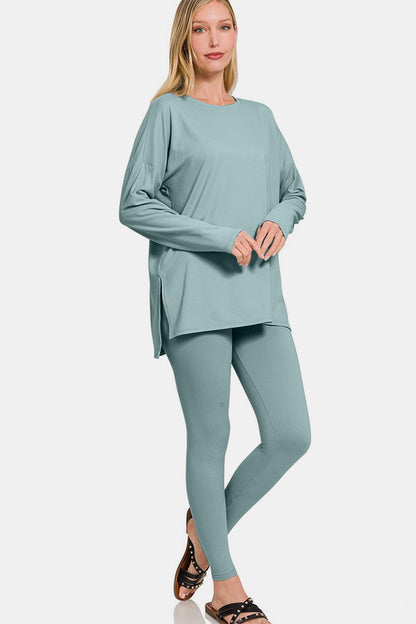 Nighty Night Long Sleeve Top and Leggings Lounge Set In Blue Grey