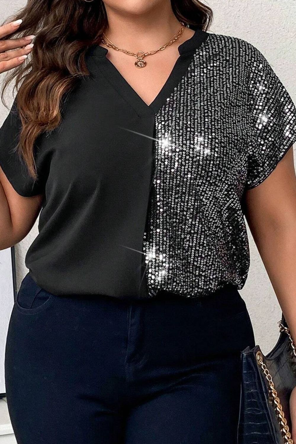 PREORDER: Plus Size Sequin Notched Short Sleeve T-Shirt