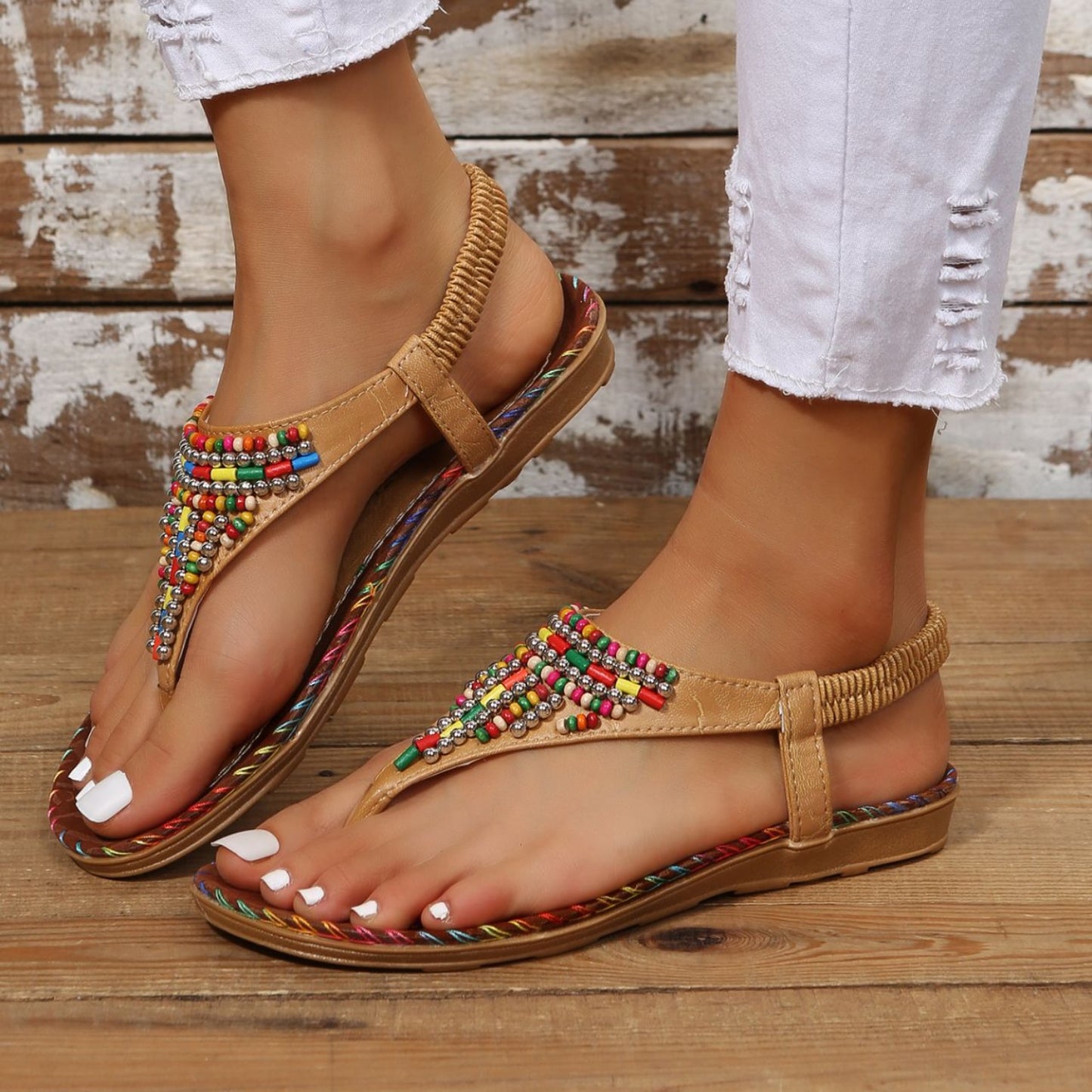 PREORDER: Beaded PU Leather Open Toe Sandals