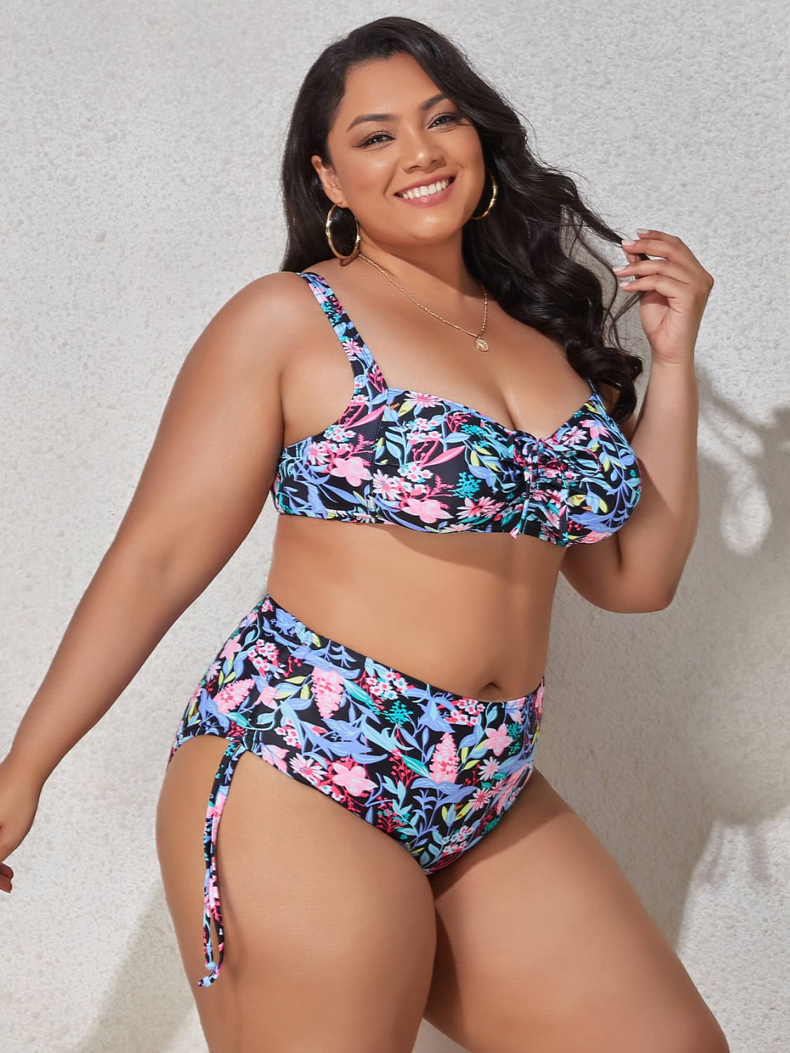 PREORDER- Plus Size Printed Drawstring Detail Bikini Set