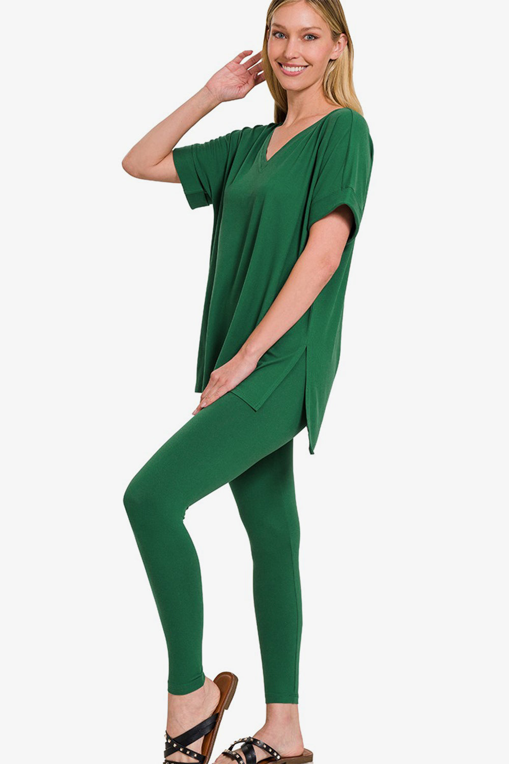 Nighty Night Short Sleeve T-Shirt and Leggings Lounge Set In Dk Green