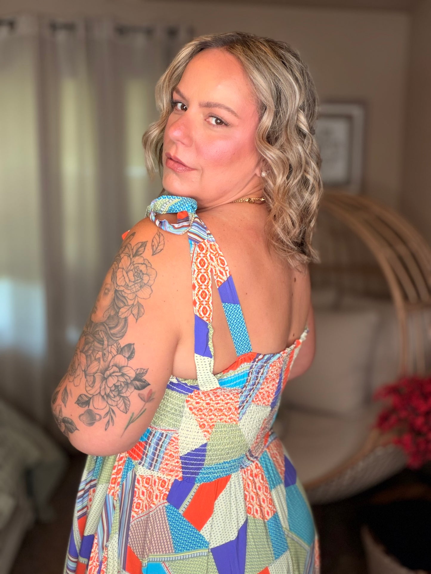 Paint Me Pretty Square Neck Dress in Lime, Blue and Tangerine