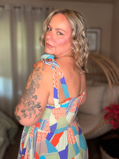 Paint Me Pretty Square Neck Dress in Lime, Blue and Tangerine