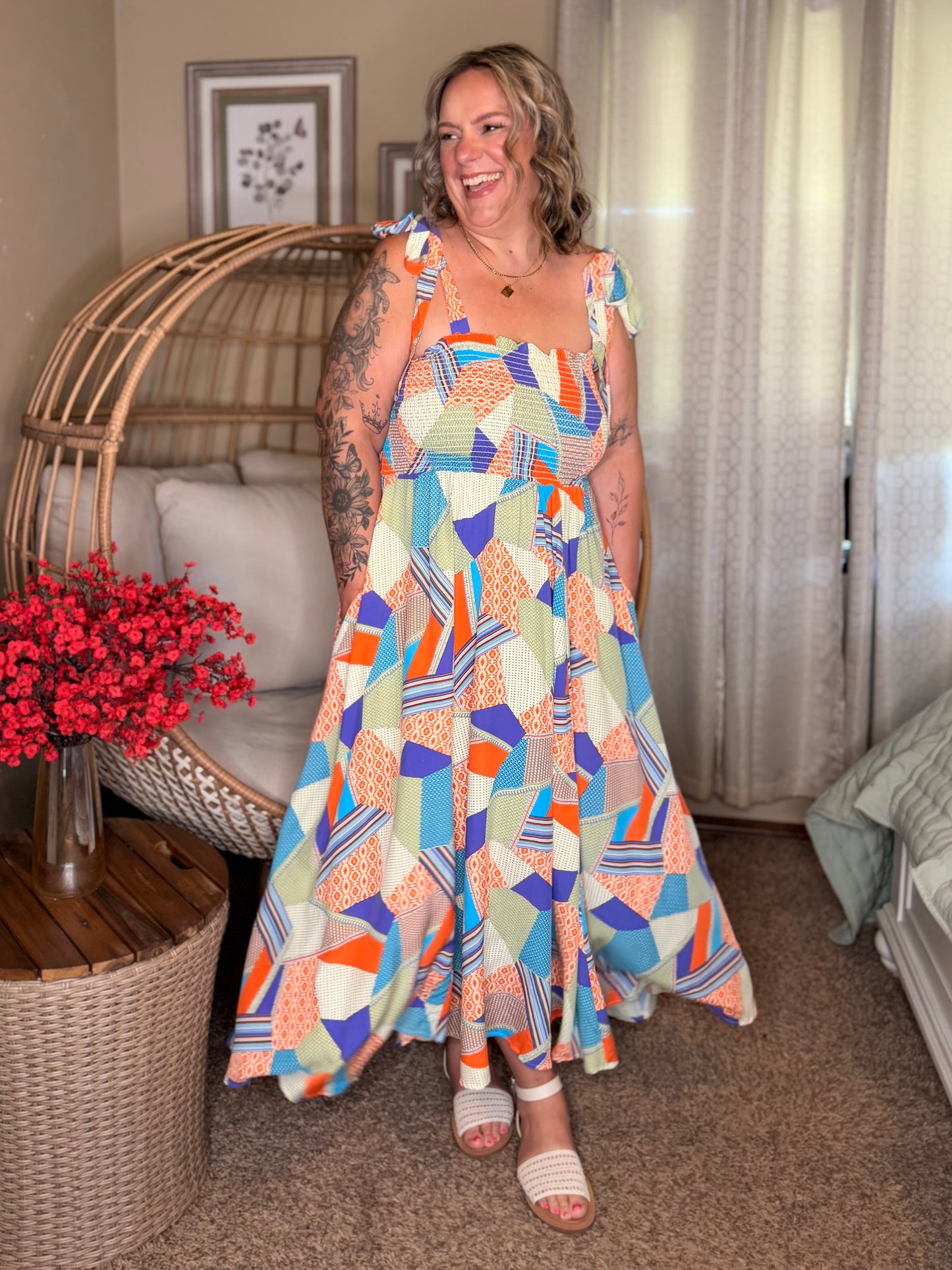 Paint Me Pretty Square Neck Dress in Lime, Blue and Tangerine