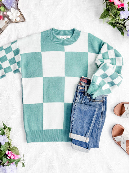 Michelle Mae Checkered Pullover Sweater - Dusty Jade