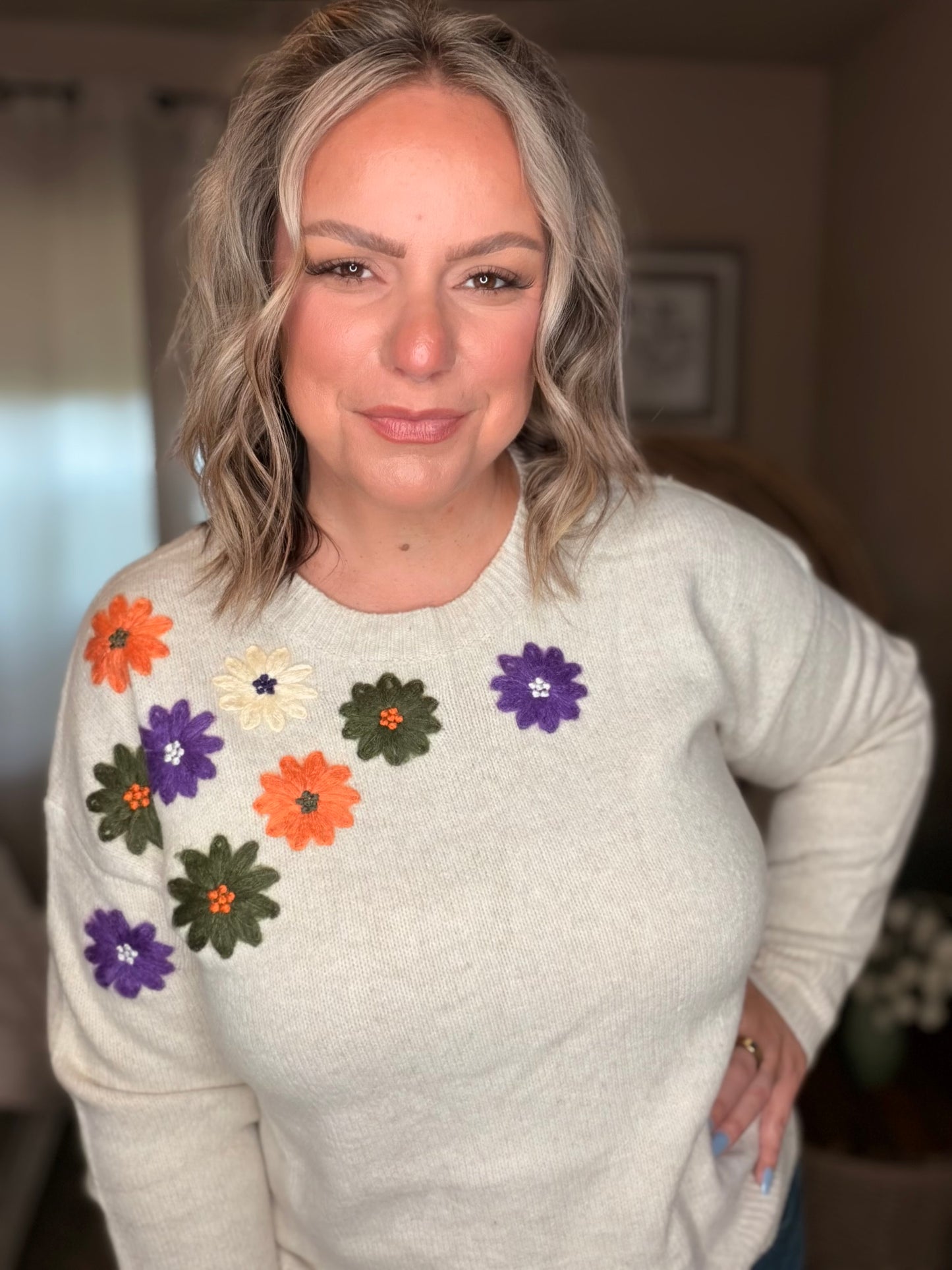 Michelle Mae Fall Floral Sweater - Beige