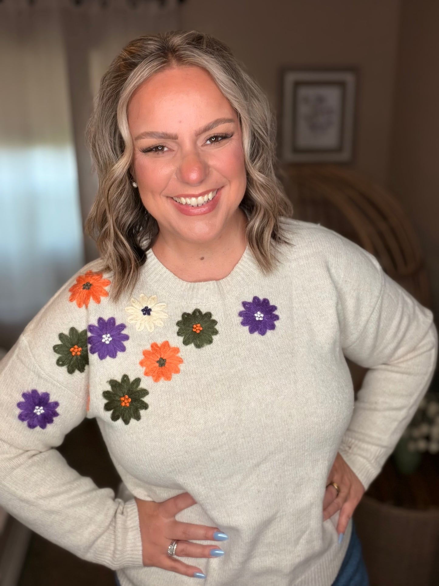Michelle Mae Fall Floral Sweater - Beige