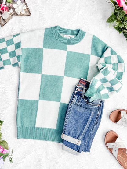 Michelle Mae Checkered Pullover Sweater - Dusty Jade