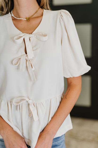 Balloon Sleeve Bow Blouse in Ivory
