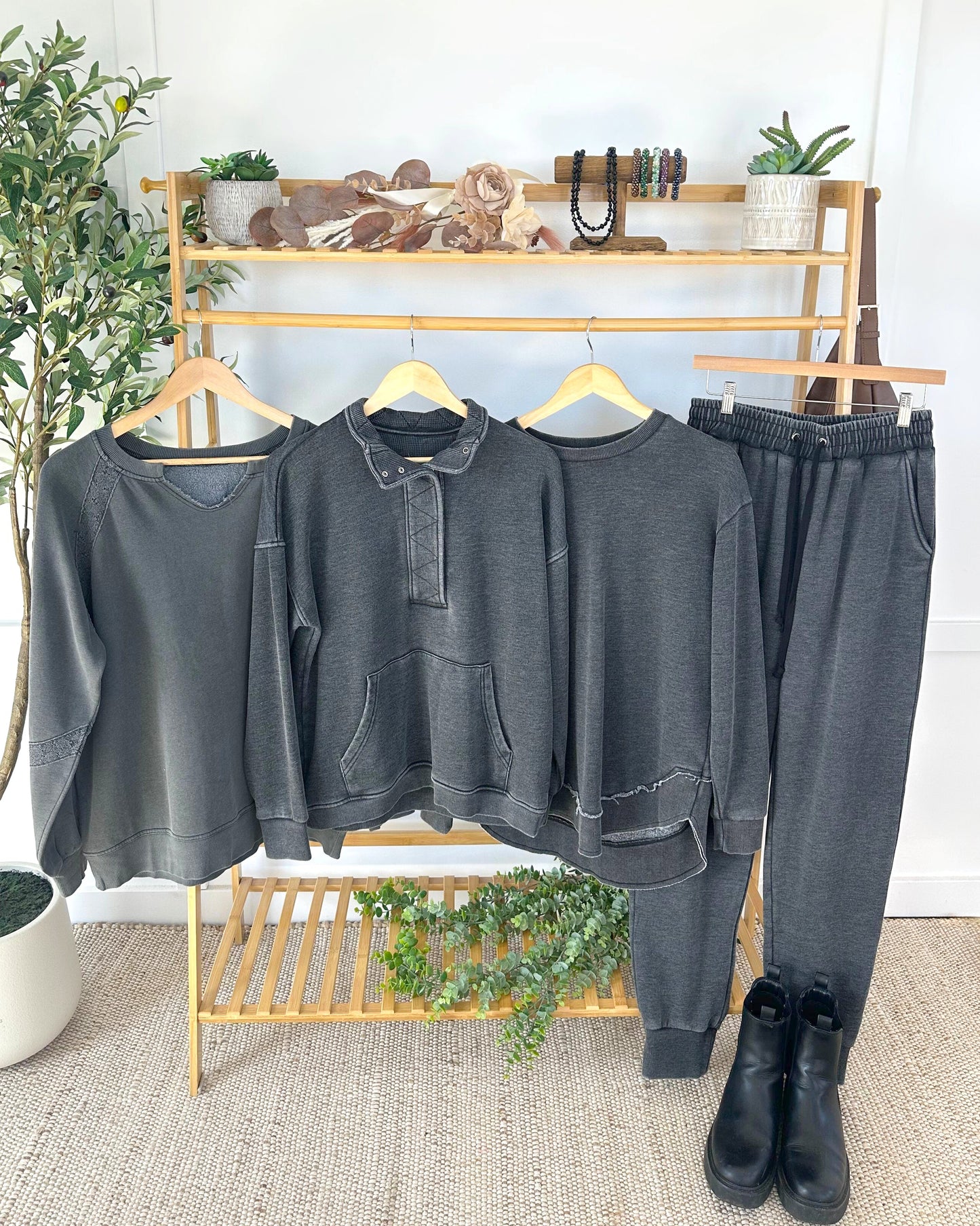 Michelle Mae Lace Accent Vintage Wash Pullover - Black