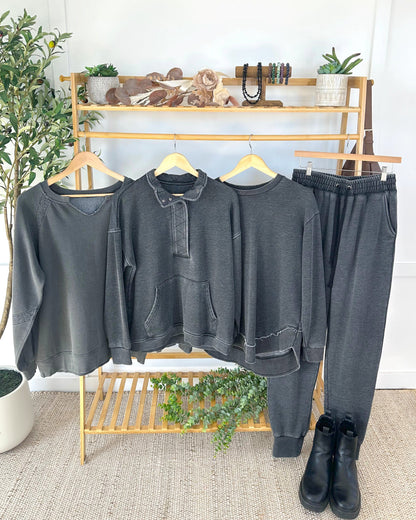 Michelle Mae Lace Accent Vintage Wash Pullover - Black