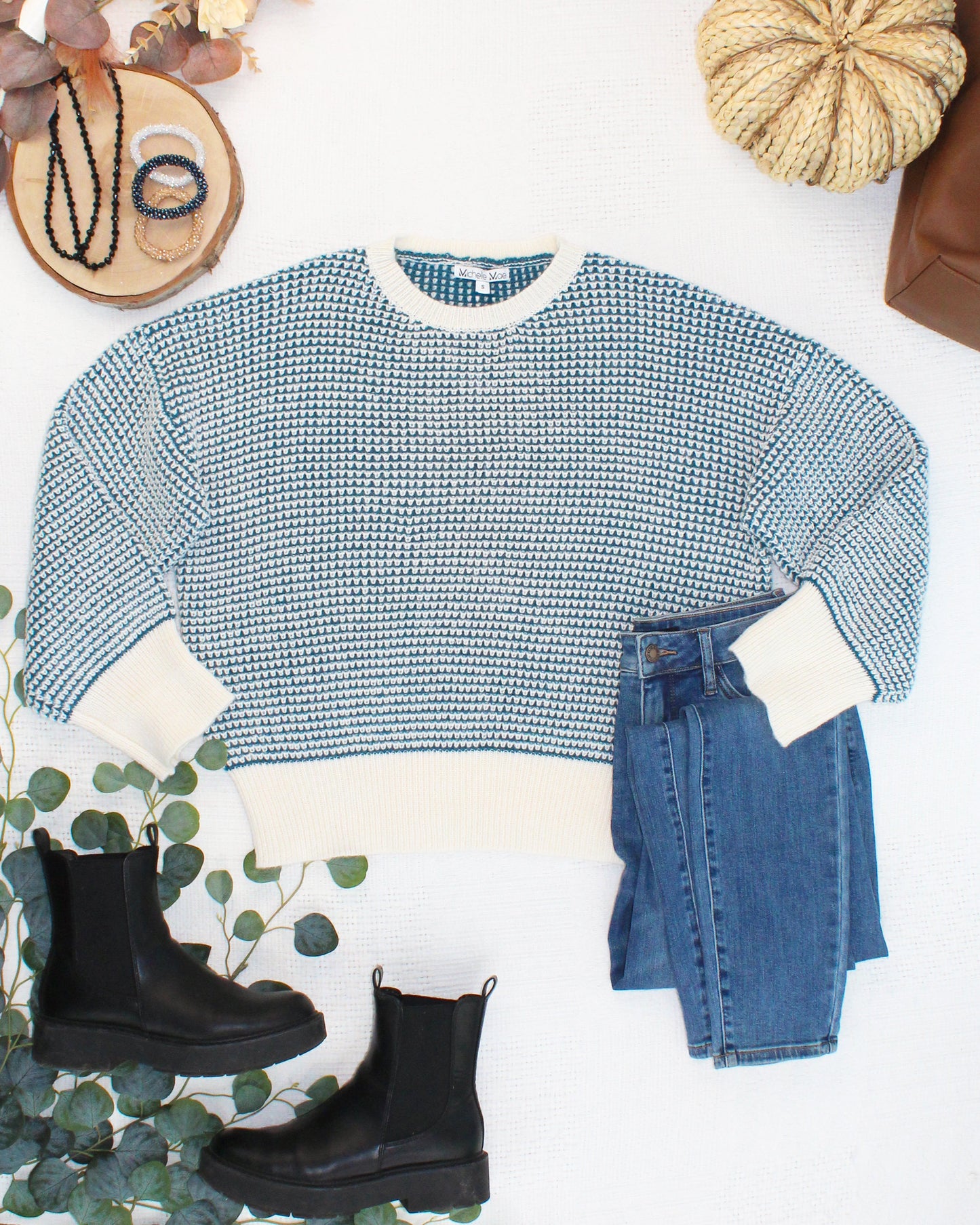 PREORDER Michelle Mae Charlotte Sweater - Teal and Ivory
