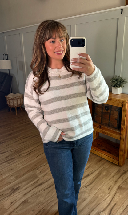 Michelle Mae Cozy Stripe Sweater - Grey and White