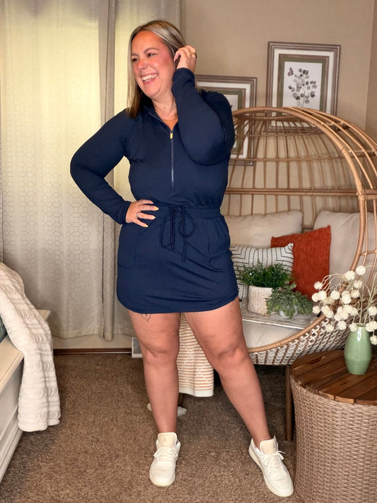 Getting Out Long Sleeve Hoodie Romper in Navy