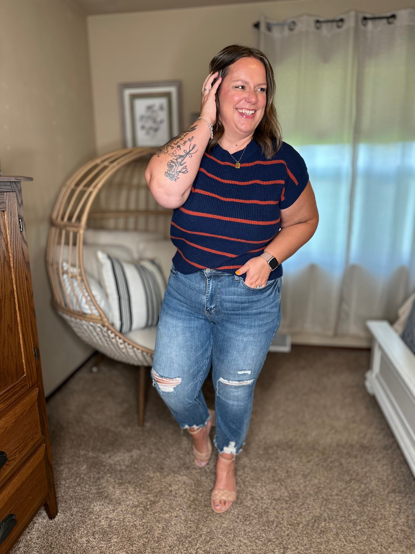 Michelle Mae Striped Sweater Top - Navy