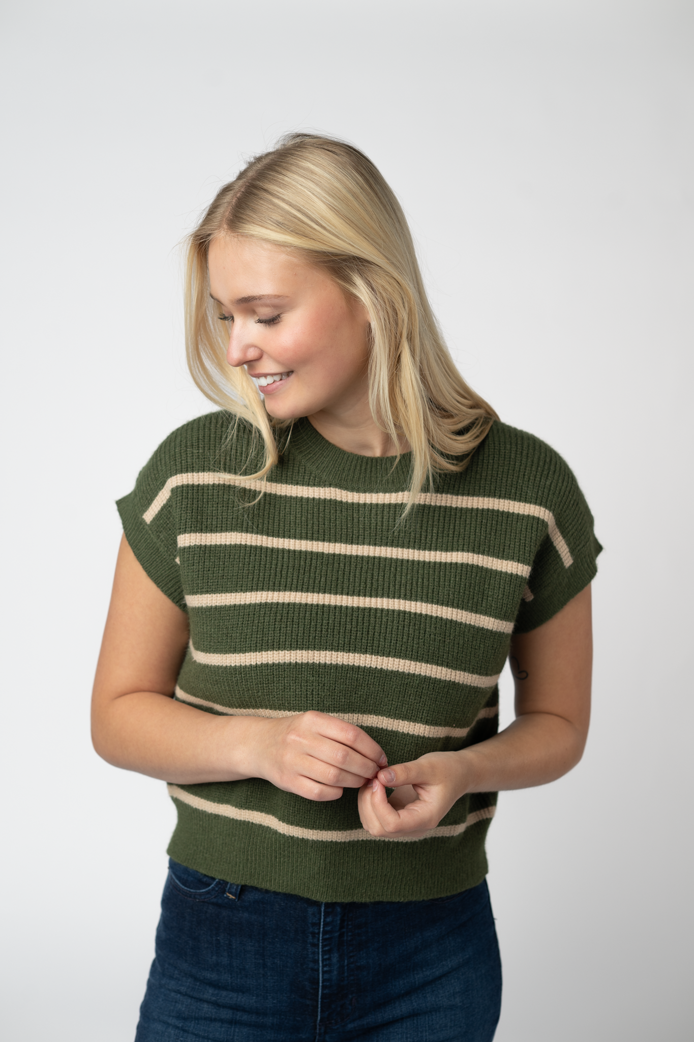 Michelle Mae Striped Sweater Top - Olive and Tan