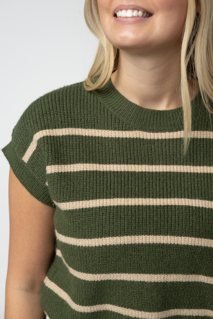Michelle Mae Striped Sweater Top - Olive and Tan