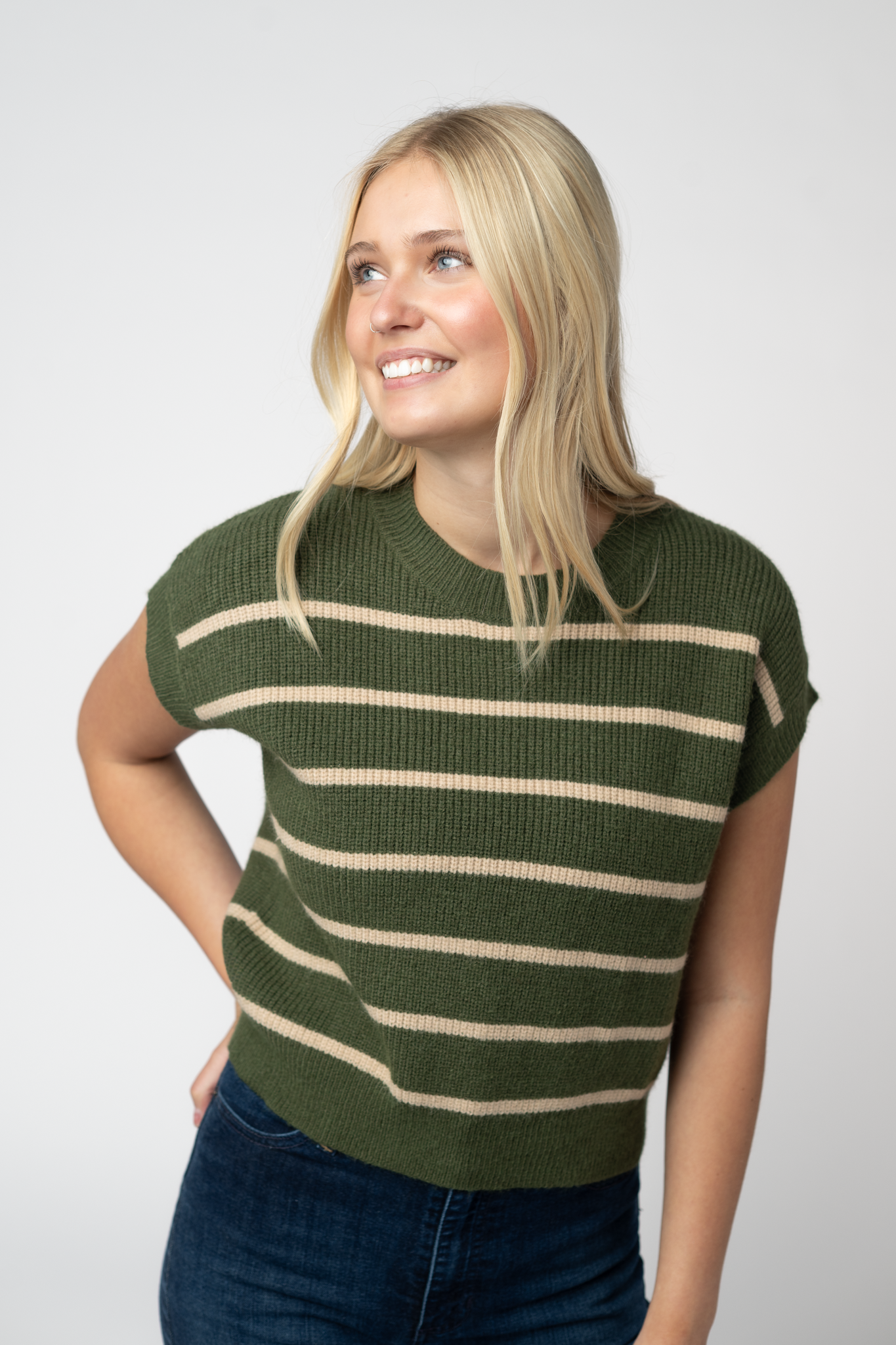 Michelle Mae Striped Sweater Top - Olive and Tan