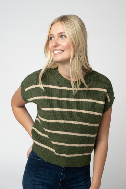 Michelle Mae Striped Sweater Top - Olive and Tan