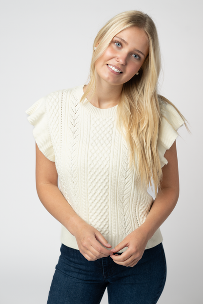 Michelle Mae Felicity Flutter Sweater Top - Ivory