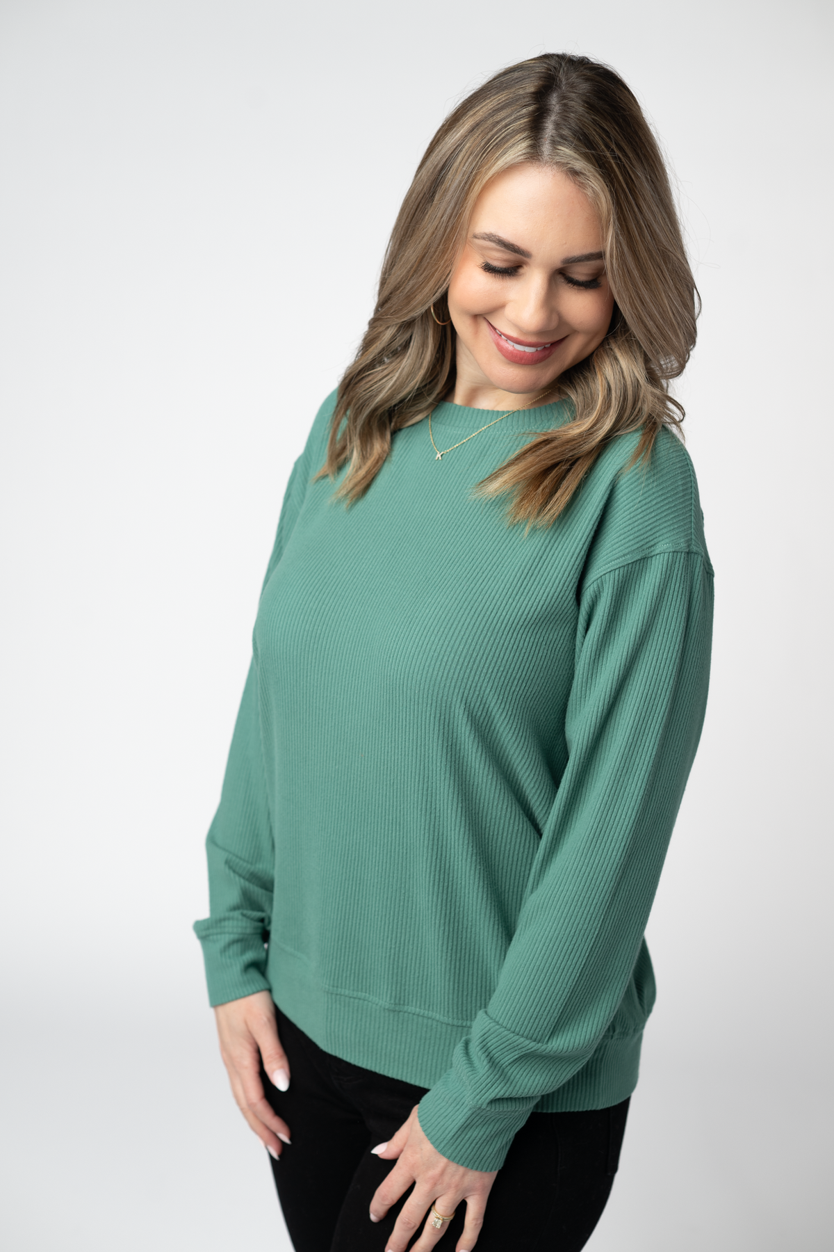 Michelle Mae Corrine Ribbed Pullover Top - Fern