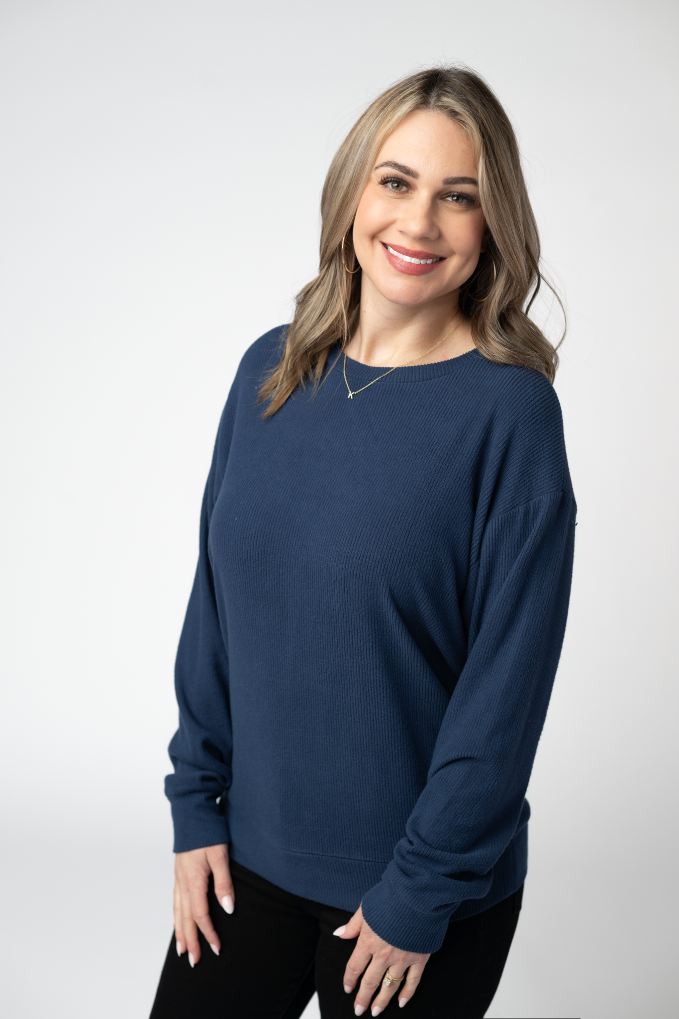 Michelle Mae Corrine Ribbed Pullover Top - Navy