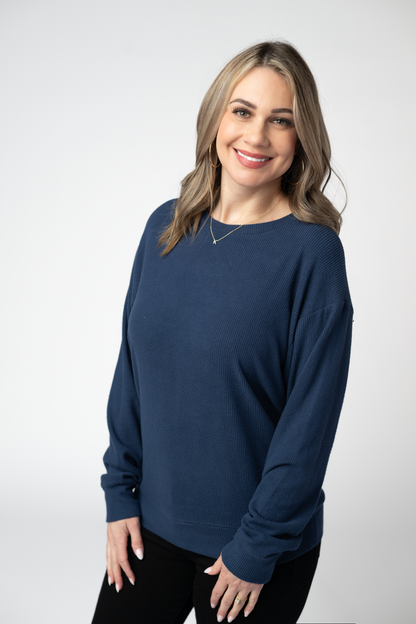 Michelle Mae Corrine Ribbed Pullover Top - Navy