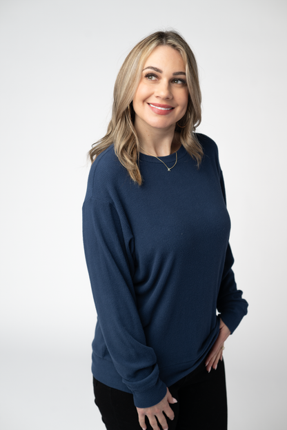 Michelle Mae Corrine Ribbed Pullover Top - Navy