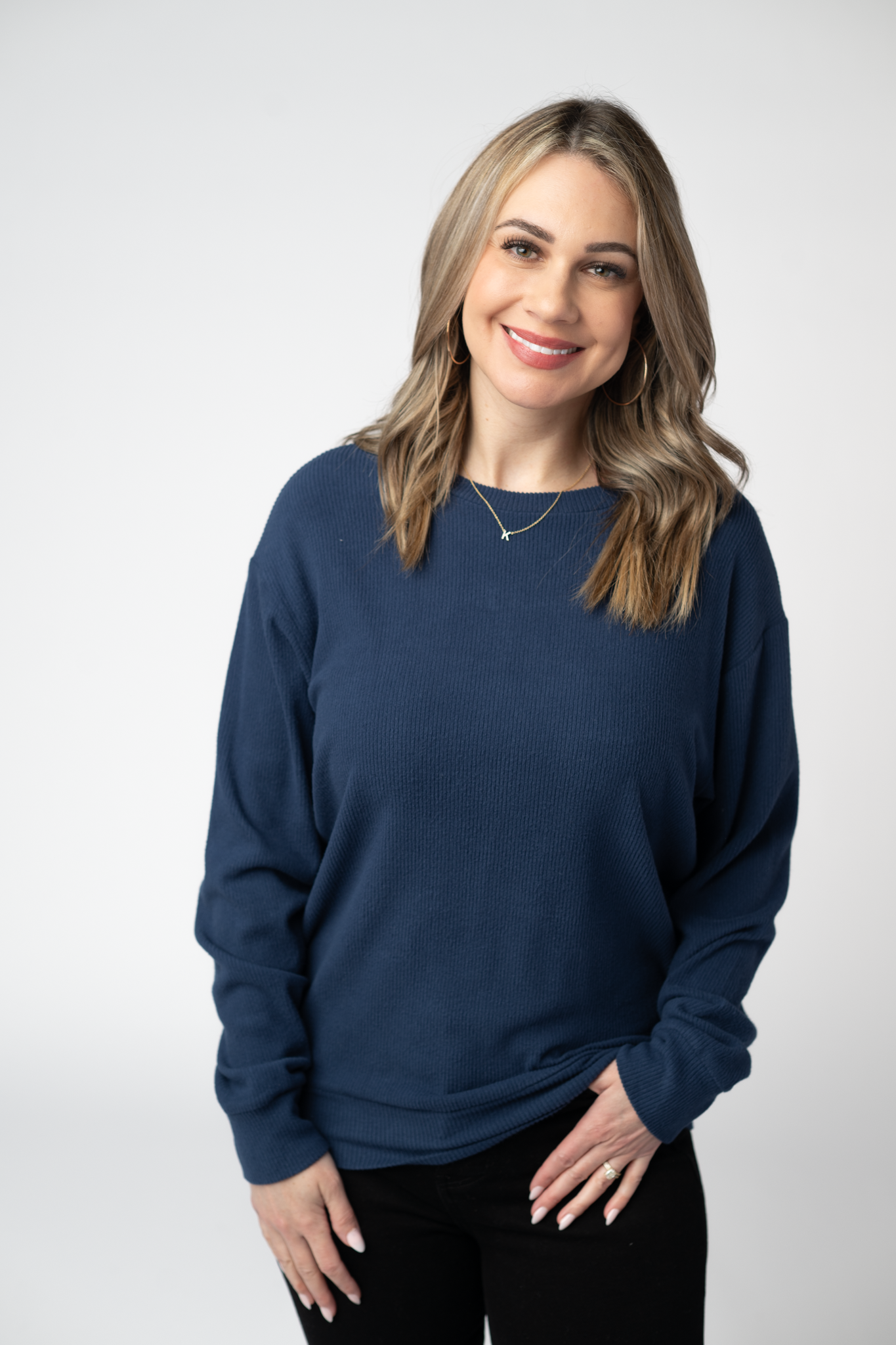 Michelle Mae Corrine Ribbed Pullover Top - Navy