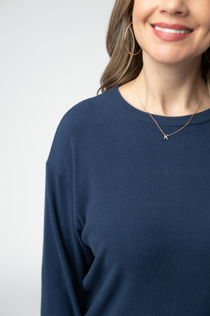 Michelle Mae Corrine Ribbed Pullover Top - Navy