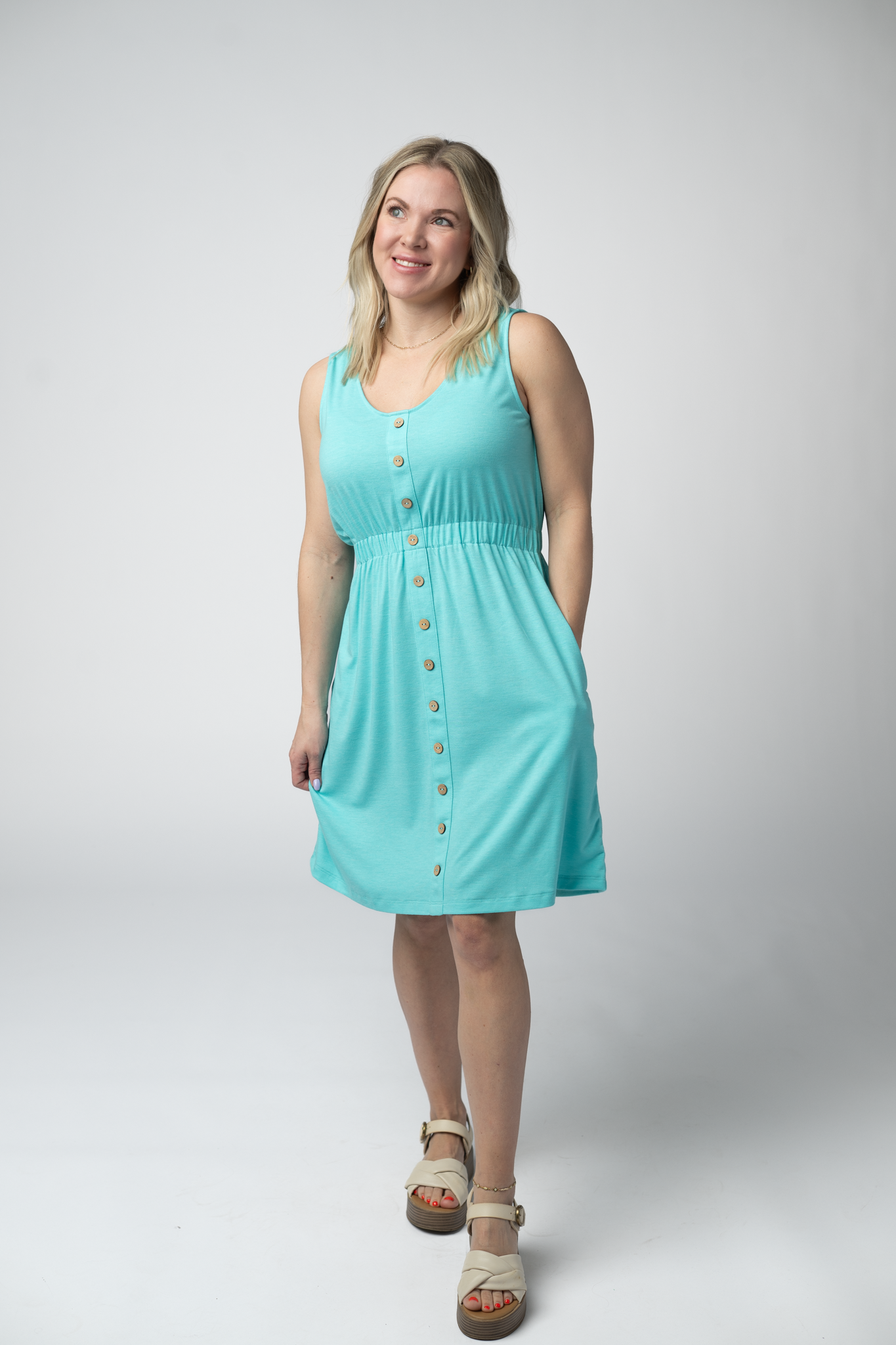 Michelle Mae Beverly Button Dress - Aqua