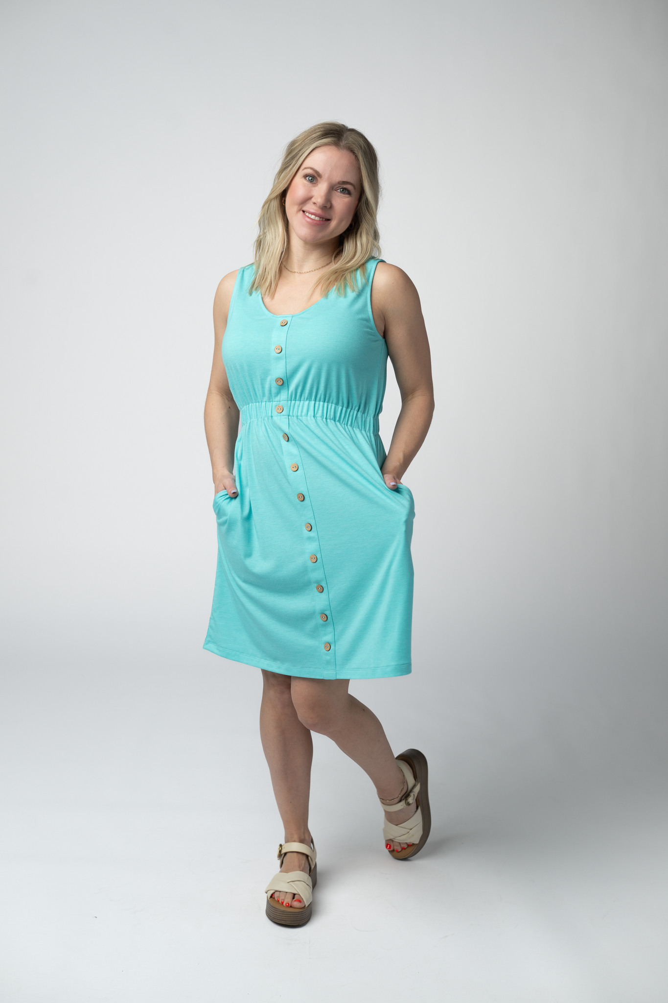 Michelle Mae Beverly Button Dress - Aqua