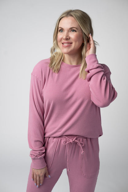 Michelle Mae Corrine Ribbed Pullover Top - Rose