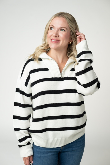 Michelle Mae Quarter Zip Striped Pullover - Black and White