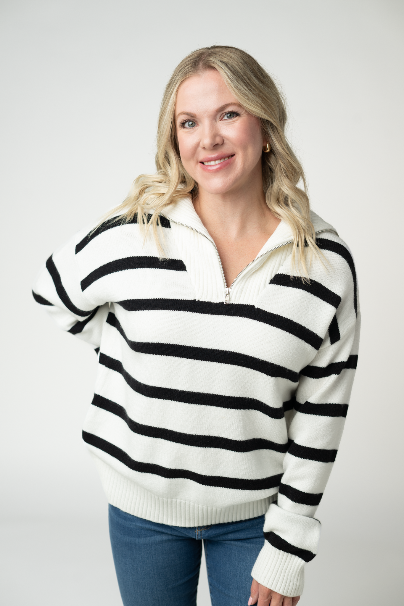 Michelle Mae Quarter Zip Striped Pullover - Black and White