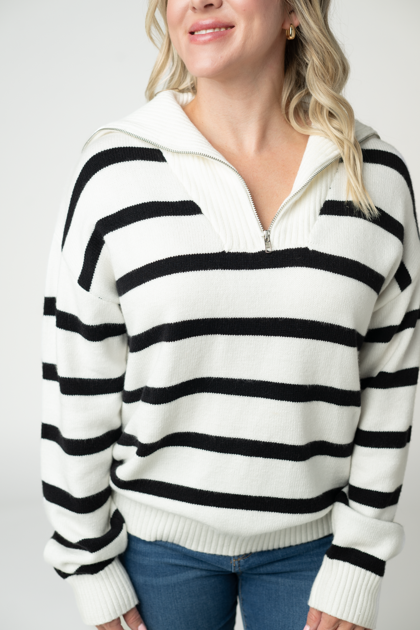 Michelle Mae Quarter Zip Striped Pullover - Black and White